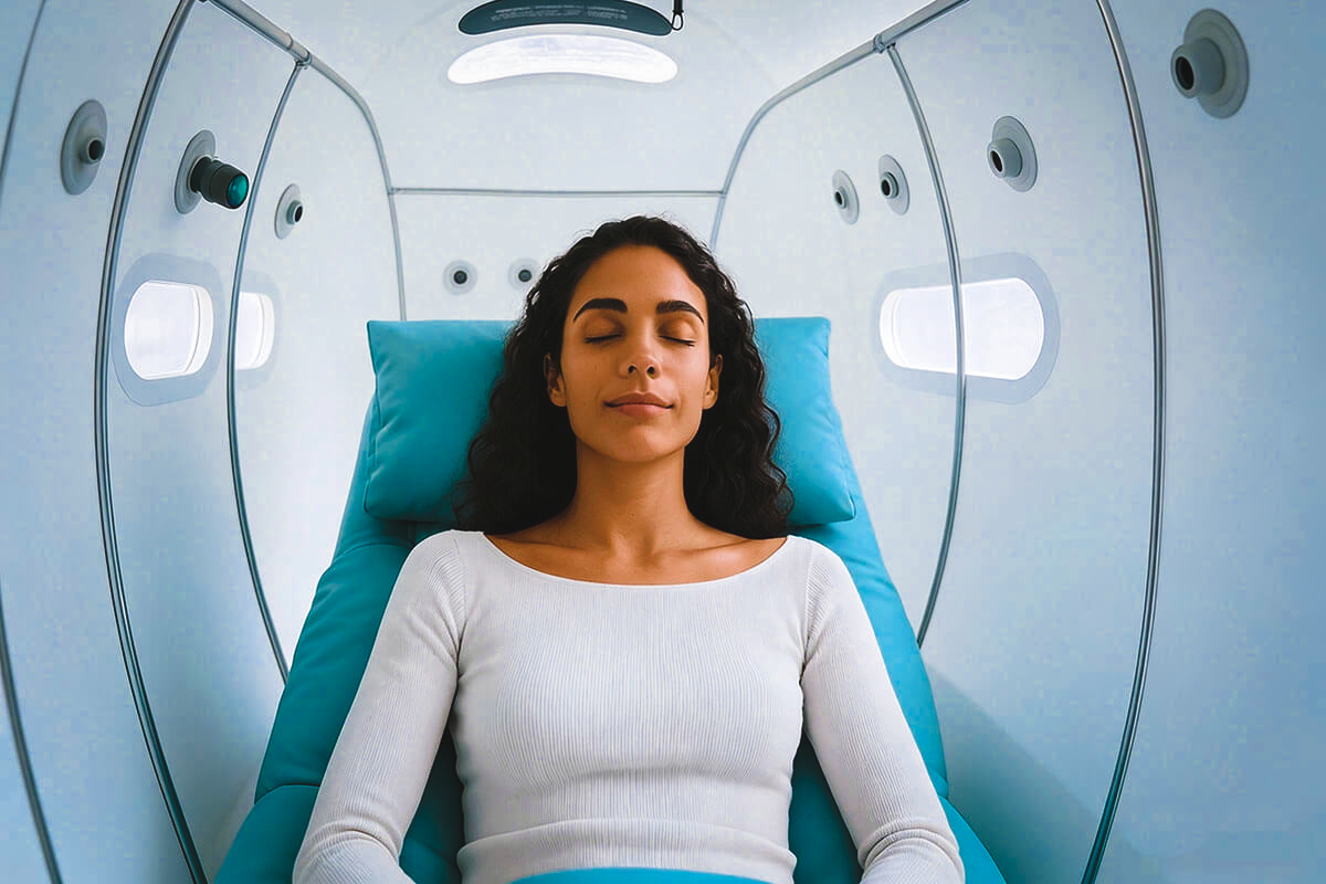 A relaxed client reclining comfortably inside a hyperbaric oxygen session