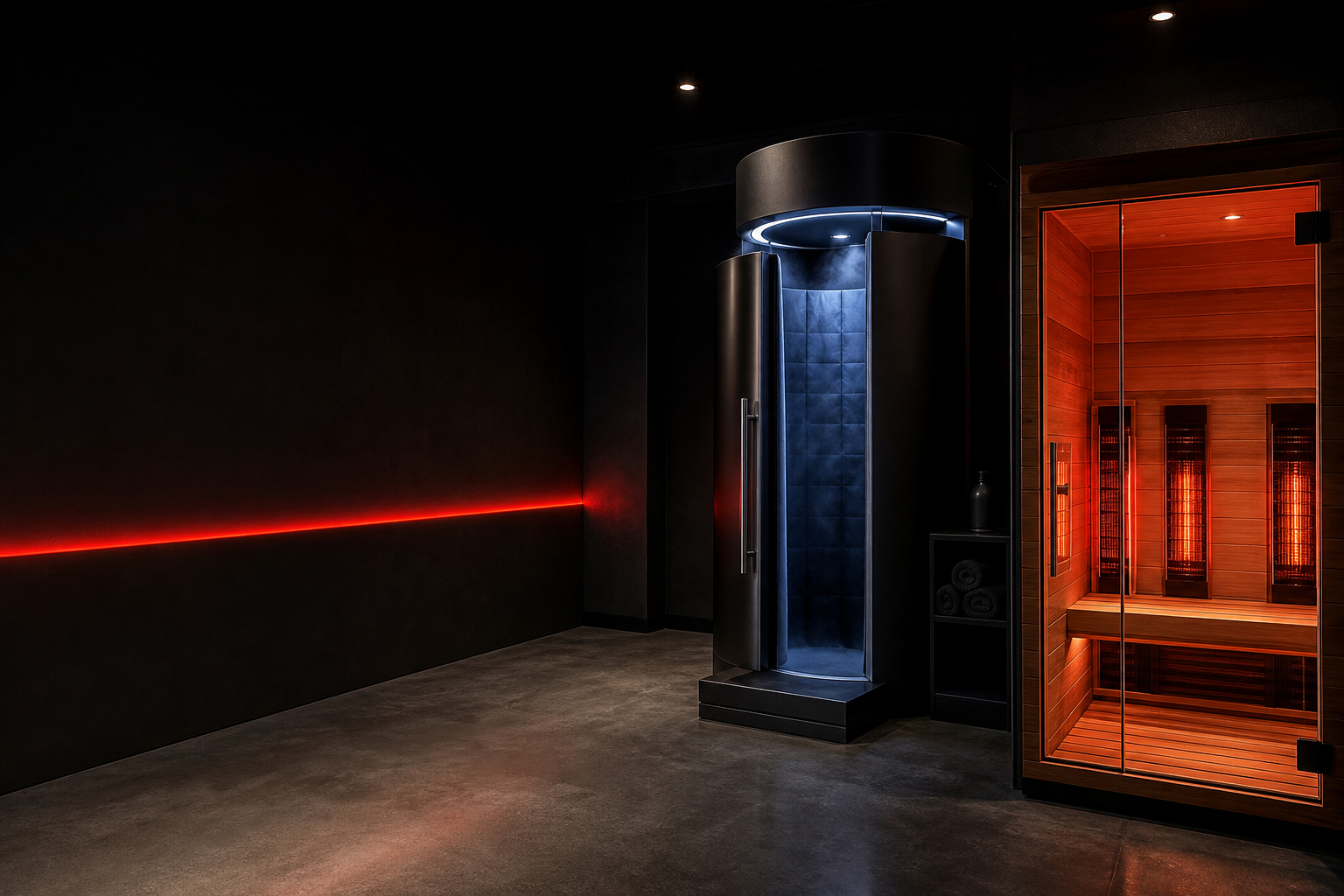 The Cryo Tempe recovery studio floor with cryotherapy and sauna equipment
