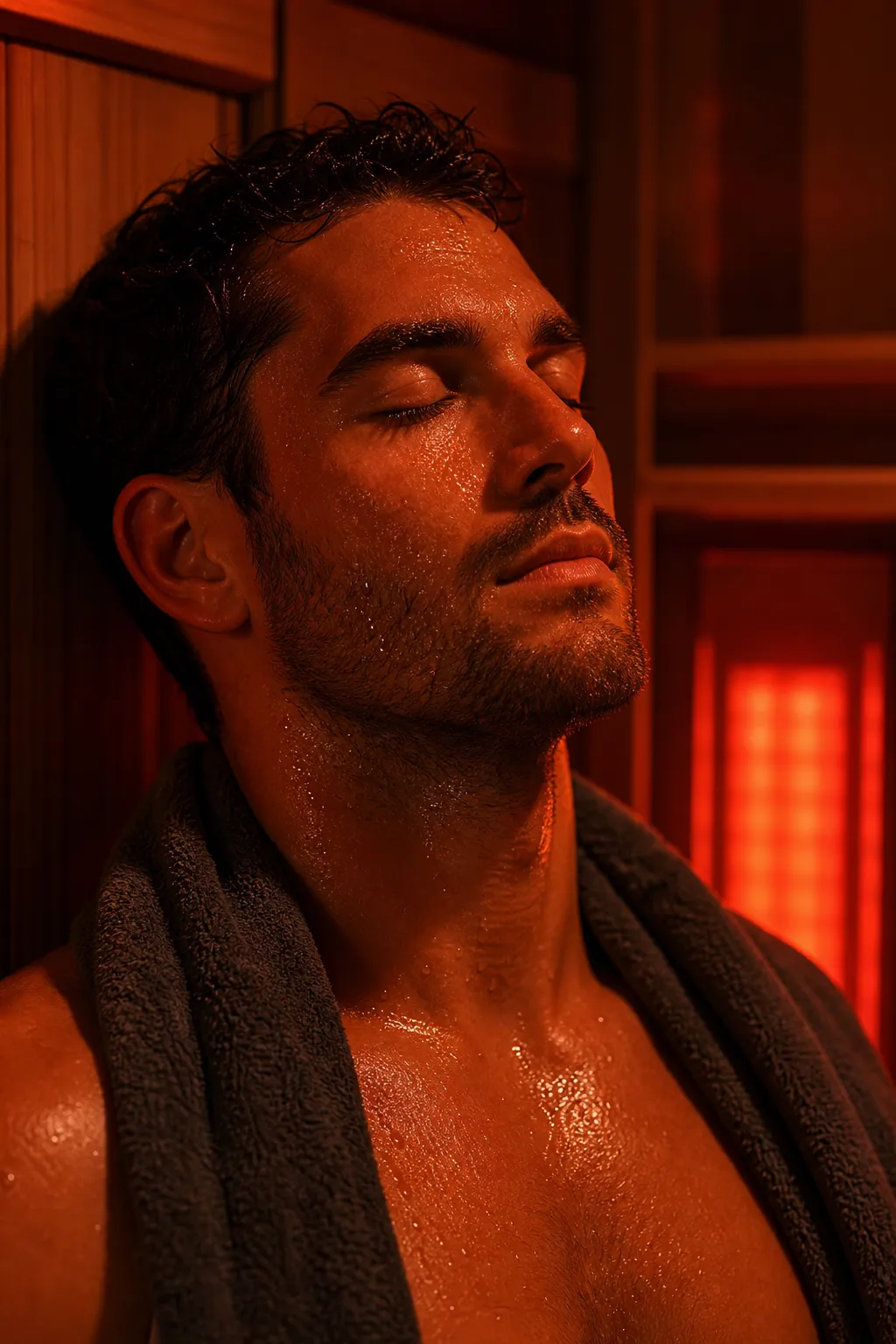 Client relaxing in warm infrared light during a CryoTempe sauna session