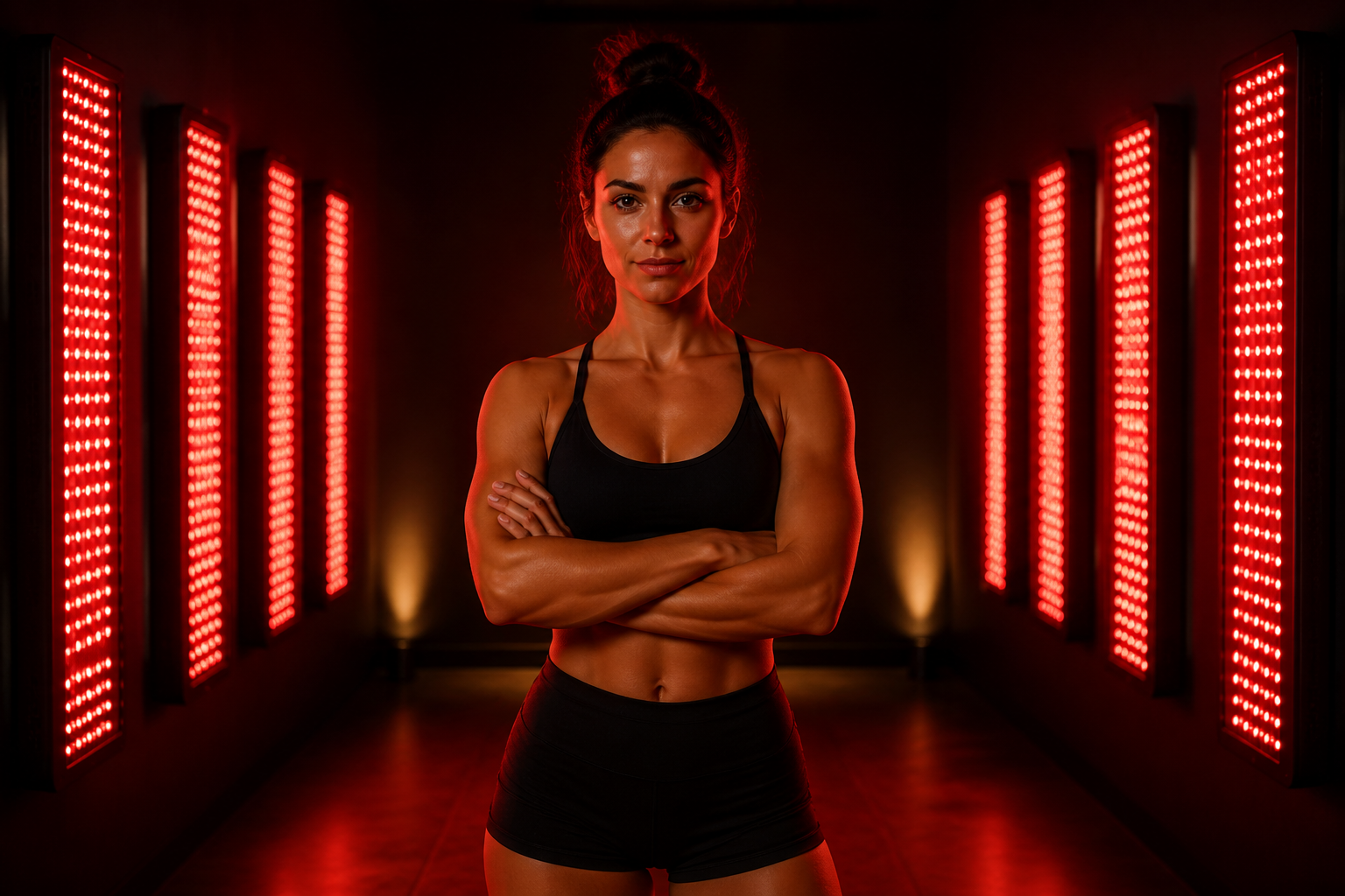 Woman standing in a red light therapy room flanked by four red light panels on each side